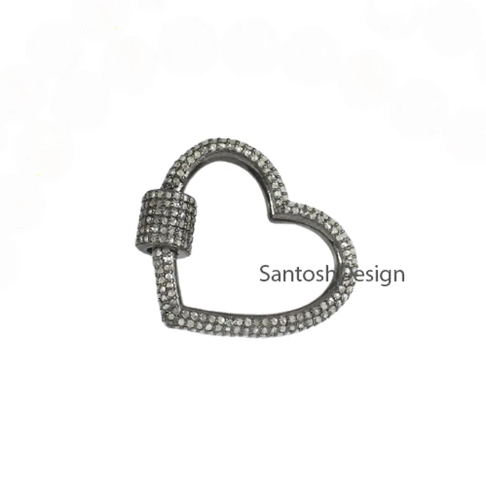 Both Side pave Diamond Heart Sterling Silver Carabiner Screw Lock Clasp Jewelry - Image 2 of 2