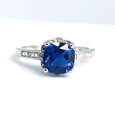 2Ct Cushion Blue Sapphire Lab-Created Moissanite Floral Ring White Gold Plated