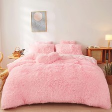 Fluffy Faux Fur Pink Comforter Cover Set Queen Ultra Soft Plush Pink Bedding