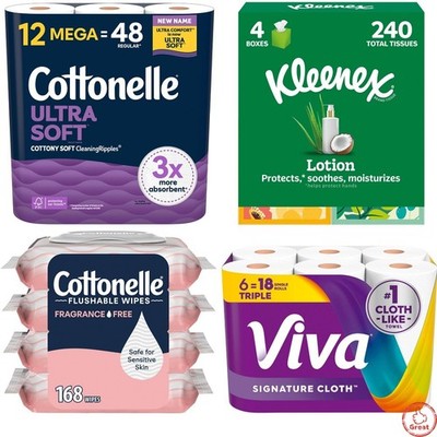 Soft Toilet Paper 12 Mega Rolls + 4pk Wipes + 4pk Kleenex Tissue + Viva 6