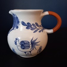 Blue And White Hand Crafted Rounded Jug With Chicken Design, Made In Portugal