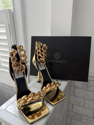 Versace Women s Gold Leather Medusa Chain Strappy Square Toe Block Heel 8