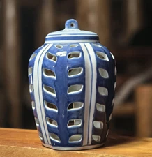 Vintage Asian Blue & White Luminary Ginger Jar Tea Light Candle Holder Hanging