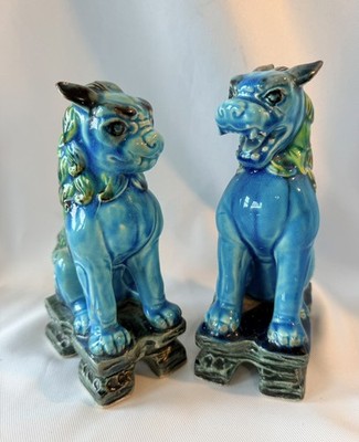 Vtg Pair Foo Dogs Andrea by Sadek Japan Blue Green Guardian Figurines 7.5  *READ