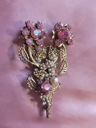 Miriam Haskell Gold Tone Pink  Rhinestone Flower Brooch Large "repaire needed'