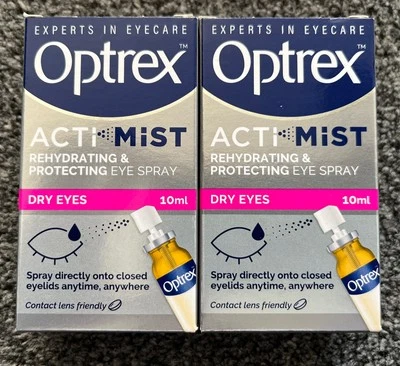 2x Optrex ActiMist Double Action Eye Spray 10ml Dry & Irritated Eyes - Exp 26/27