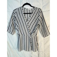 Sienna Sky Womens Wrap Top Striped 3/4 Sleeve Tie Waist Size S