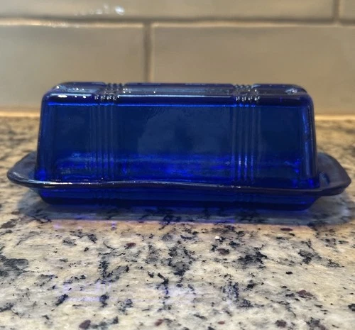 Vintage Cobalt Blue Glass Butter Dish Covered Rectangular Depression Style. READ