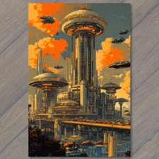 Art Print UFO City Floating Towers Futuristic Retro Orange Skyline Alien City