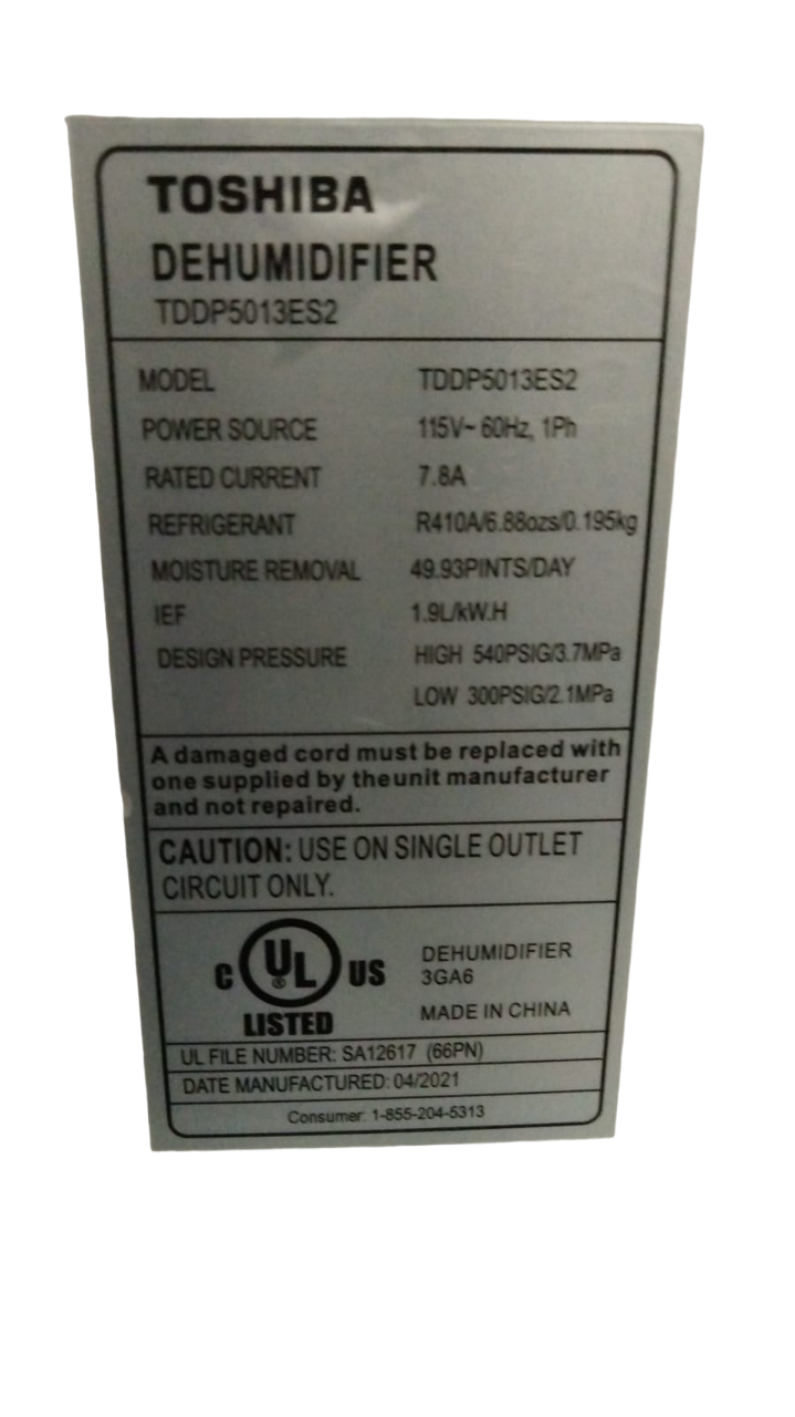Toshiba TDDP5012ES2 50Pint 115V Energy Star Dehumidifier, White eBay