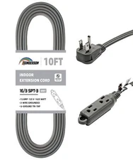 HONDERONS 10FT 3 Outlets Grey Extension Cord with Flat Plug 16/3 SPT-3 Extens...