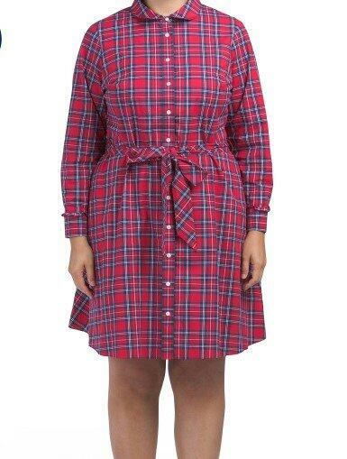 draper james red plaid dress Draper James RSVP Red Plaid Dress XXL Long Sleeve Belted Ruffle Hem Pockets