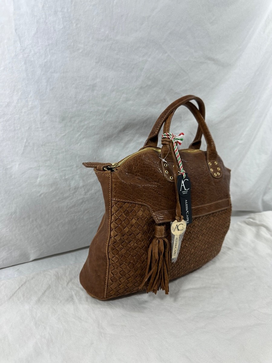 Genuine ALESSIA CAPRI tan leather woven satchel bag purse | eBay