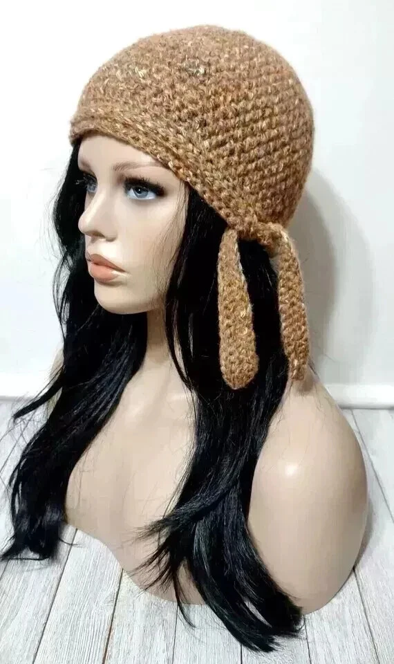 ganchillo mujer hecho a mano motociclista calavera sombrero quimio lana mezcla canela nuevo Foto 2 de 2