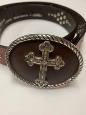 Nocona Belt Co. Brown Genuine Leather Cross Rhinestones M (34-36)