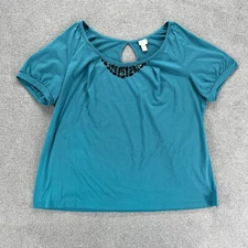 Venezia Top Womens 26 28 Blue Rhinestone Keyhole Back Short Sleeve Blouse