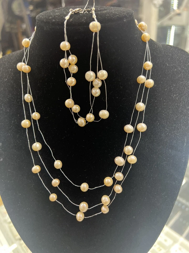 Conjunto de colar e pulseira de pérolas de água doce real com várias cordas duas peças ótimo - Imagem 4 de 4