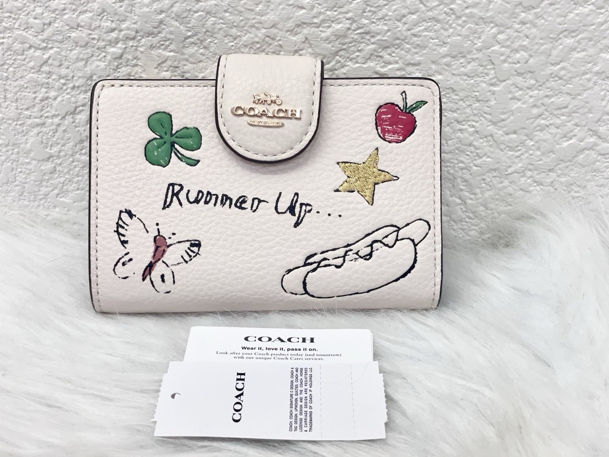Coach Medium Corner Zip Wallet With Sketch Print In Gold/Chalk