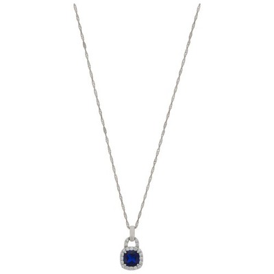 Dazzling Platinum Plated Blue Spinel Cushion Cut Necklace with Crystal Halo