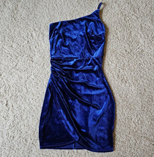 Windsor Bodycon Dress Royal Blue Velvet One Shoulder Ruched Stretch Short XS