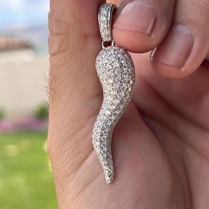 Authentic 1.50Ct Round Cut Lab Created Diamond Italian Horn Pendant 14K White Gold Plated