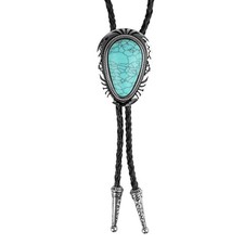 Teardrop Turquoise Stone Bolo Tie 40 inch Leather Cord Tribal Carved Pendant