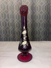 Vintage Fenton hand-painted ruby red bud vase 8" artist: Linda Fleming
