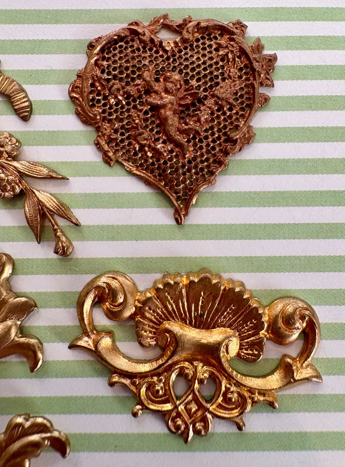 ~7 Vintage Brass Ormolu Embellishments Findings~French Crest Chaudes Aigues~Mono