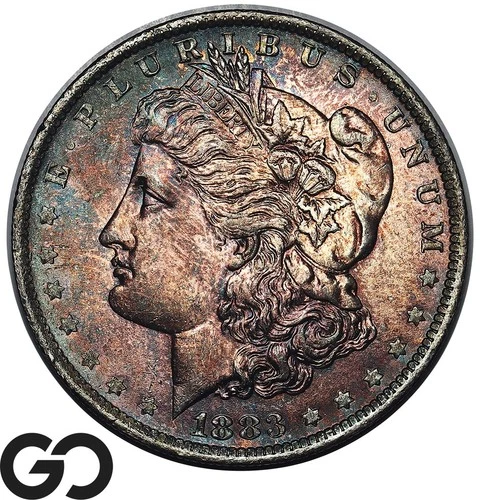 1883-O Morgan Silver Dollar Coin, Outstanding Rainbow Color, Solid Gem BU++