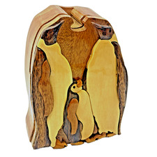 Intarsia Wood Puzzle Box Penguin Carved Jewelry Trinket Box Handcrafted READ
