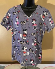 Disney Mickey/Minnie Mouse All Over Print Women  s Scrub Top Size Small