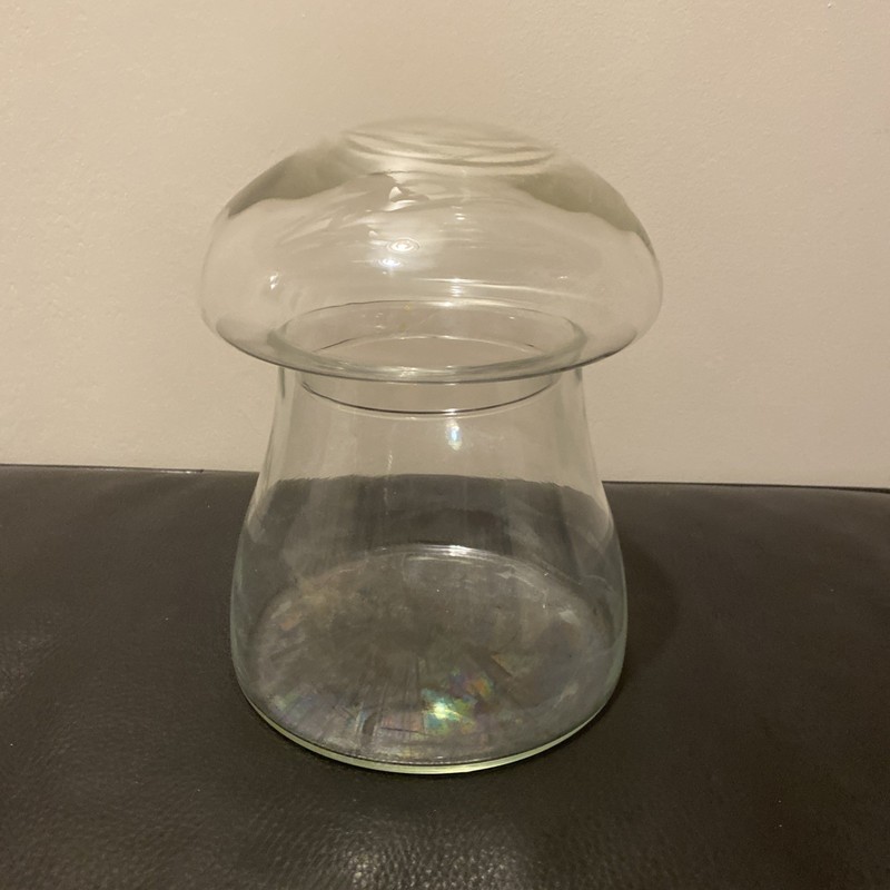 MCM Libbey mushroom canister apothecary jar, storage, vintage, clear glass 7"H