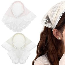 2 PACK Hair Scarf Headband for Women, Lace Hair Bandana, Non Beige Lace pink