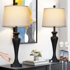30" Black Table Lamps Set of 2, Touch Control Tall Living Room Lamp with USB ...