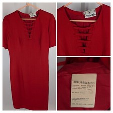 Miss V Valentino Vintage 80s Pencil Red Raw Silk Lace Up Dress Italy 43 US 8 36"