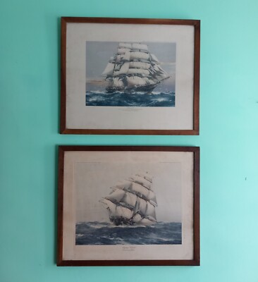 Paar edwardianische 1920er Segelschiff Drucke Periode Holzrahmen 22,75'' Cutty Sark