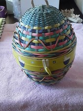 Vintage Woven Easter Egg Basket, Wood, Straw, rattan, Faded, 12 inches tall.