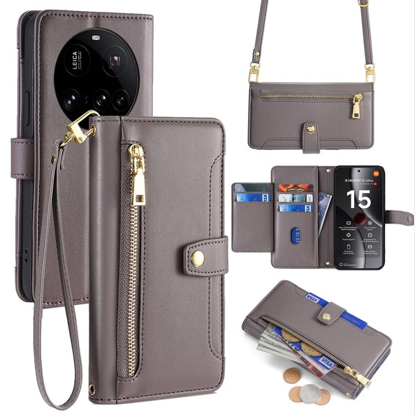 Handykette FüR Xiaomi 15 Ultra, Band HandyhüLle KartenfäCher Pu Leder In Grau-image