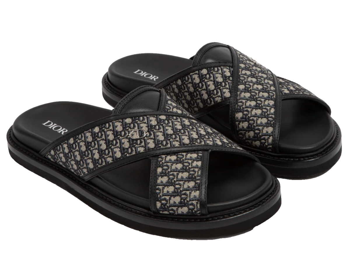 Dior Mens Aqua Sandal Beige Black Blue Oblique Jacquard Logo
