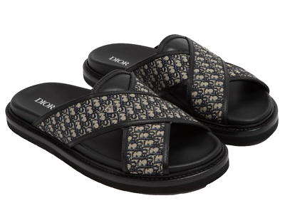 Dior Mens Aqua Sandal Beige Black Blue Oblique Jacquard Logo