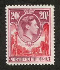 1938 Northern Rhodesia Sc#45 - 20 Shillings, KGVI, Giraffe & Elephants MNH Cv$60
