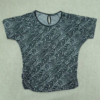Notations Top Blouse Women Sz M gray Black Short Sleeve Herringbone Fitted Waist