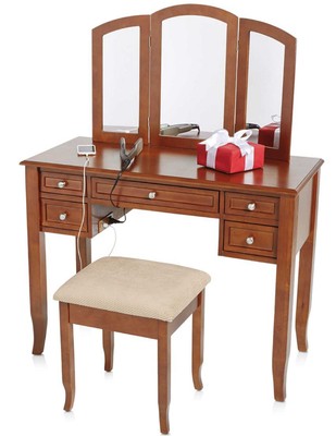 Walnut Vanity Set Makeup Table Dresser Storage Drawers ...