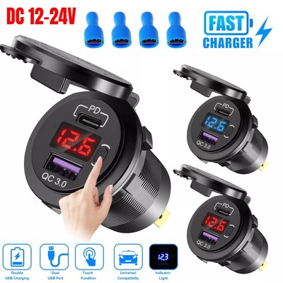 12V QC3.0 Dual USB Car Fast Charger Socket Power Outlet LED Voltmeter Waterproof