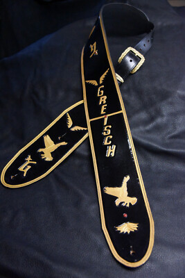 Leather guitar strap custom hand made Gretsch '' Black falcon''   4'' 2 pc buckle