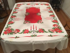 Vintage Christmas Tablecloth 70” x 58” Candles, Poinsettias 