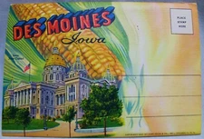DES MOINES IOWA SOUVENIR POSTCARD FOLDER 16 COLOR VIEWS 1937 CURT TEICH