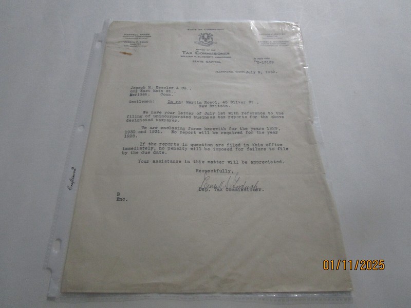STATE OF CONNECTICUT TAX DEPUTY COMMISIONER ERNEST GOODRICH SGN LETTERS 7 9 1932