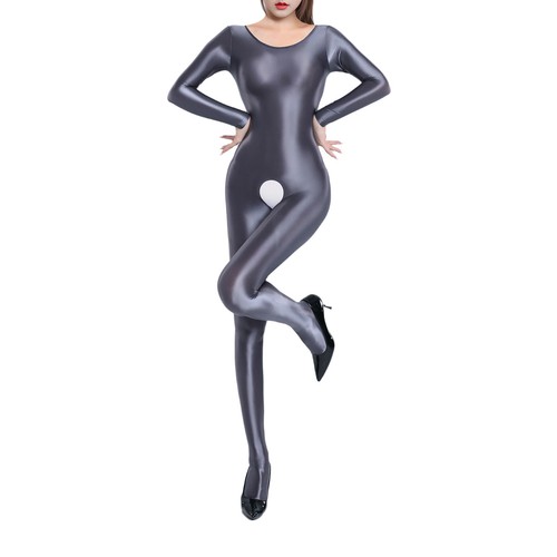 Womens Glossy Long Sleeve Full Body Jumpsuit Crotchless Catsuit Stretchy Cutout - Bild 23 von 93