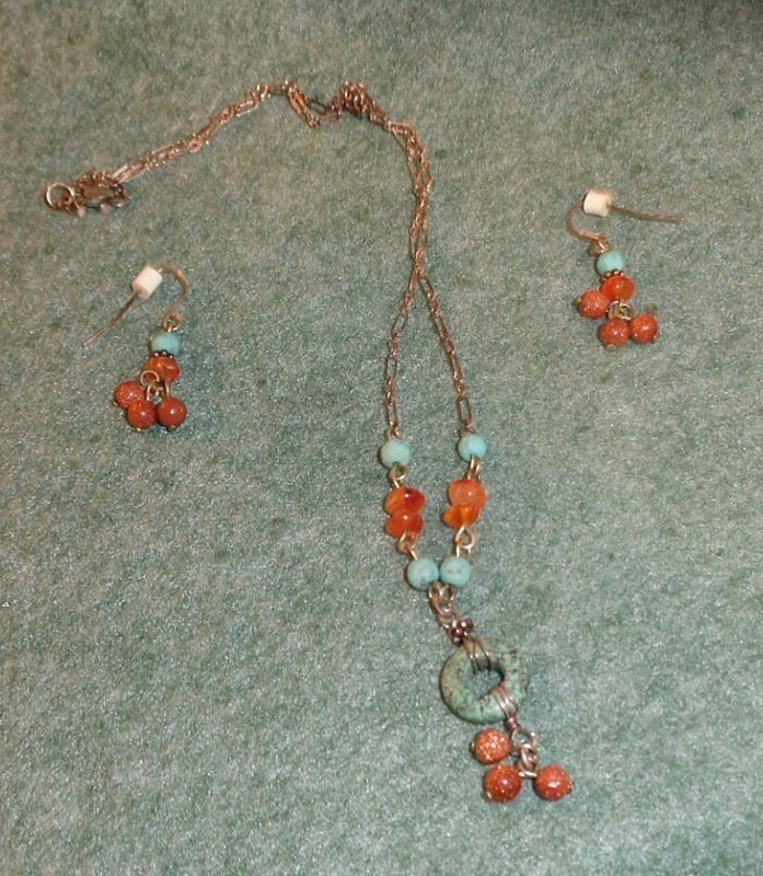 Vintage Beaded Necklace Set Handmade Silvertone Bead Earrings Blue and Coral